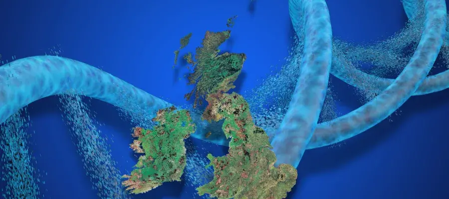 UK and Ireland map wrapped in double helix