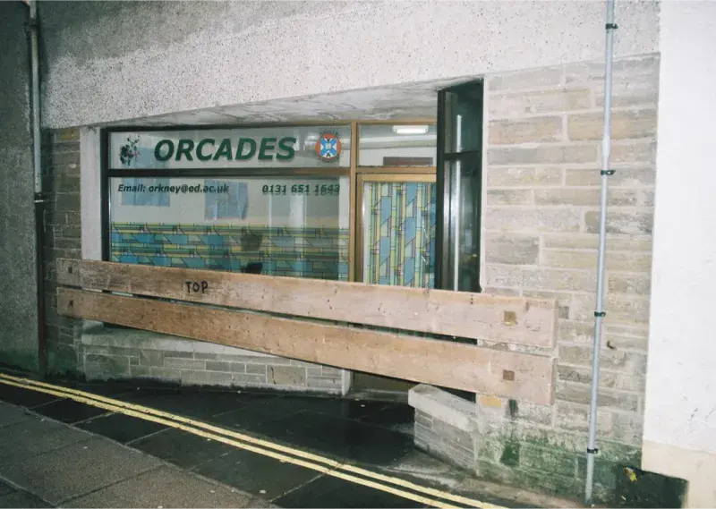 ORCADES clinic, Victoria St, Kirkwall, Orkney, with Ba' (mass ball game) barricades Christmas 2009