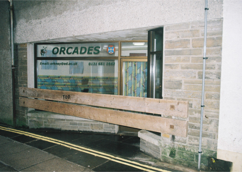 ORCADES clinic, Victoria St, Kirkwall, Orkney, with Ba' (mass ball game) barricades Christmas 2009