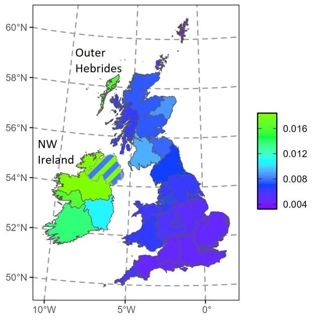 Map of the frequencies for the major risk variant, HFE p.C282Y, across Britain and Ireland