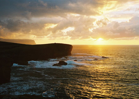 Sunset over cliff, Yesnaby, Orkney